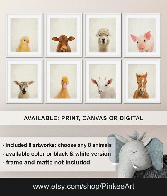 Baby Farm Animals Prints: Barnyard Nursery Decor, Set of 8