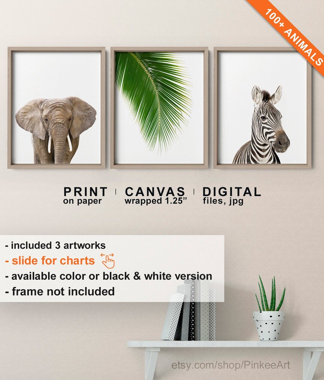Tropical Jungle Nursery Wall Decor, African Animals and Green Leaf