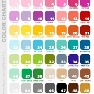 May include: A color chart with 49 different colors, each color is labeled with a number and a name. The colors are arranged in rows and columns. The chart is titled "Color Chart".