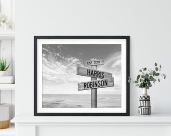 Personalized Coastal Street Sign Print, Beach Wedding Anniversary Art, Fiance Engagement Gift