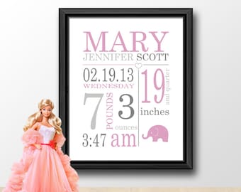 personalized baby announcement girl, baby stats wall art elephant, new baby girl gift, baby nursery prints, baby nursery decor, birth stats