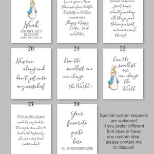 May include: A set of 10 printable nursery art cards featuring Peter Rabbit illustrations and quotes. The cards are white with black text and feature a variety of quotes about Peter Rabbit and life lessons. The cards are numbered 17 through 24.