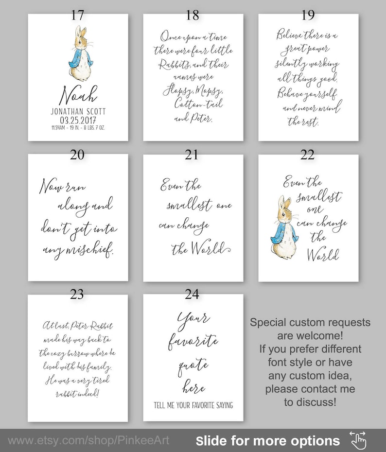 May include: A set of 10 printable nursery art cards featuring Peter Rabbit illustrations and quotes. The cards are white with black text and feature a variety of quotes about Peter Rabbit and life lessons. The cards are numbered 17 through 24.