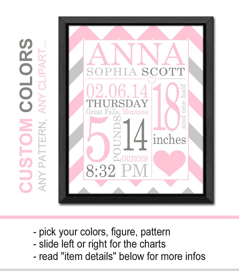 birth stats print pink and gray chevron, personalized baby girl gift, birth announcement girl, new baby girl, baby nursery decor, baby gift image 1