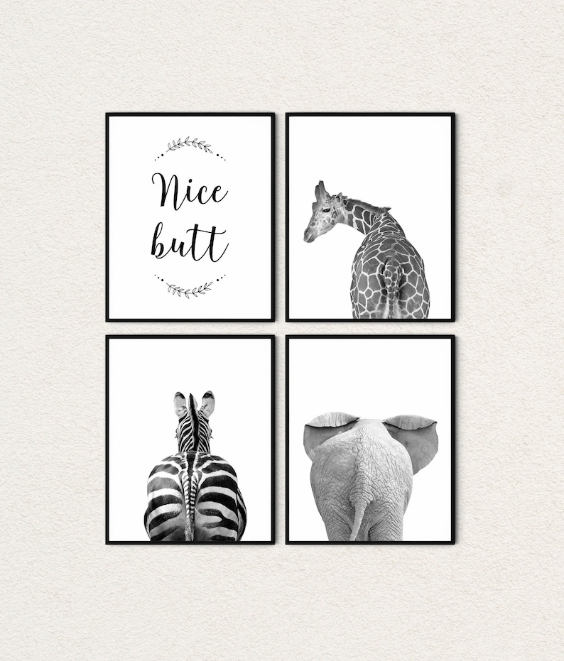 Nice Butt Bathroom Decor, Safari Animal Butt Prints, Funny Bath Decor, Toilet Decor, Humorous Bathroom Wall Art, Black and White Animal Art image 1