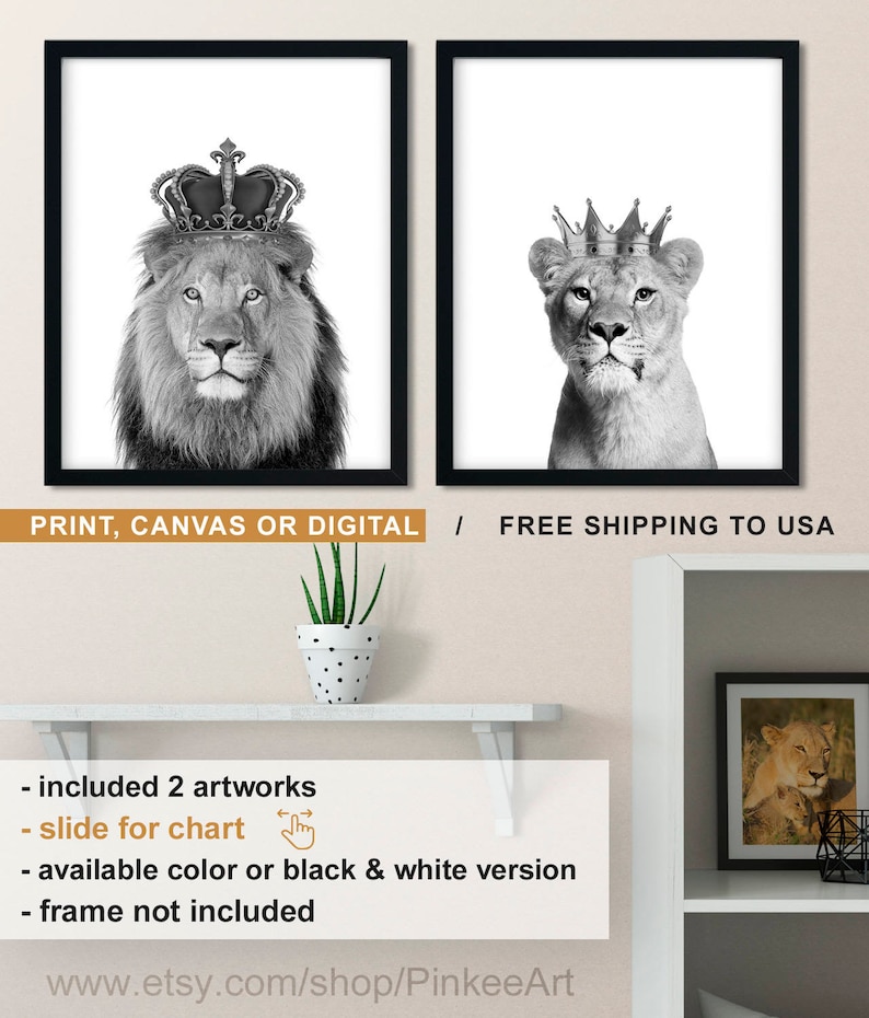 Lion And Lioness Black And White Lion Crown Print Black And Etsy
