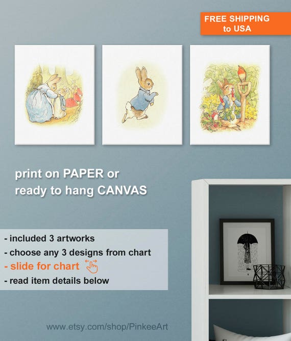Peter Rabbit Nursery Art Set of 3, Beatrix Potter Prints or Canvas