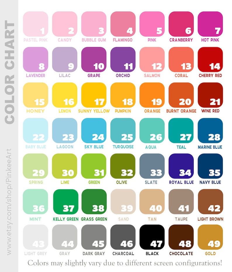 May include: A color chart with 49 different colors, each color is labeled with a number and a name. The colors are arranged in rows and columns. The chart is titled "Color Chart".