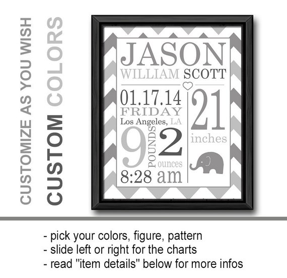 Personalized Birth Stats Print: Gray Chevron Baby Nursery Decor