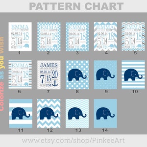 May include: A chart with 14 different patterns for a baby shower or nursery. The patterns include stripes, polka dots, chevron, and an elephant design. The chart is labeled with numbers 1 through 14.