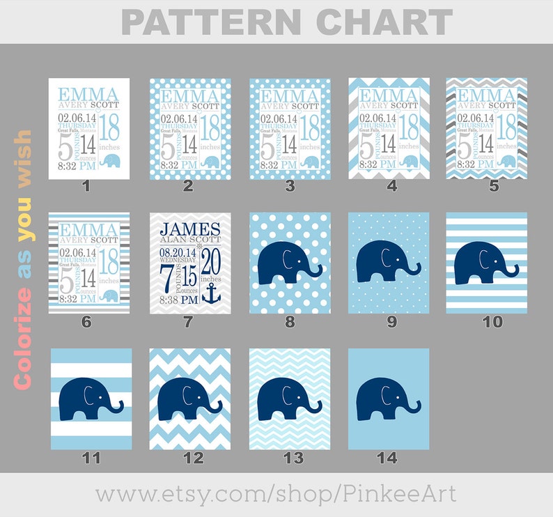 May include: A chart with 14 different patterns for a baby shower or nursery. The patterns include stripes, polka dots, chevron, and an elephant design. The chart is labeled with numbers 1 through 14.