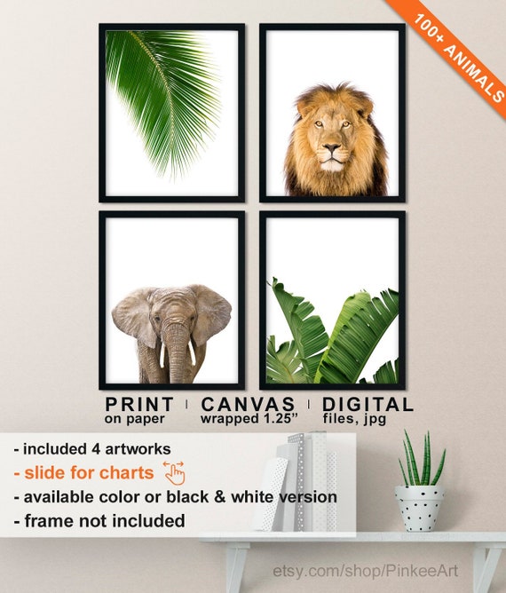 Modern Safari Decor Jungle Bedroom Decor Safari Animals And Tropical Leaves Elephant Lion Banana Leaf Palm Leaf Modern Livingroom Decor