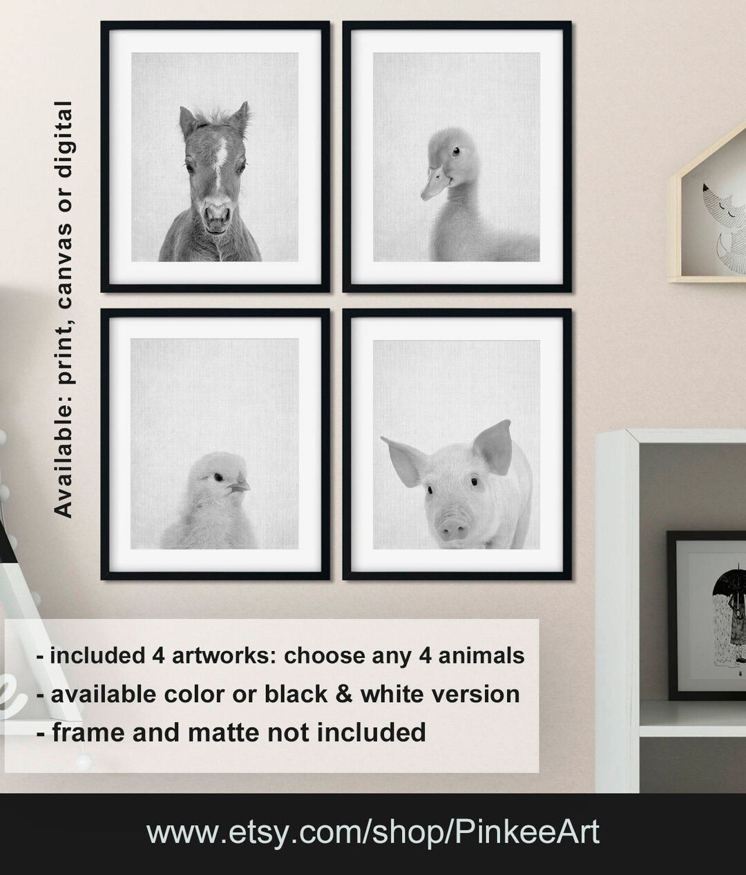 Black and White Animal Nursery Art Farm Animal Baby Shower Etsy