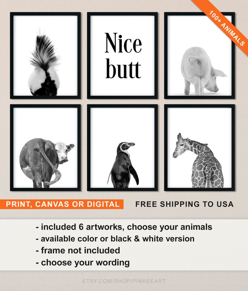 Modern Animal Butt Pictures, Nice Butt Bathroom or Powder Room Decor Set of 6 imagen 1