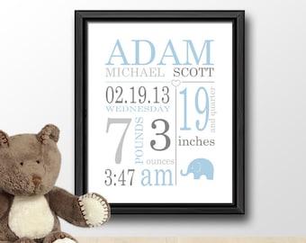 birth announcement subway art, blue gray new baby boy gift, birth stats wall art, birth date print, personalized nursery decor, birth stats