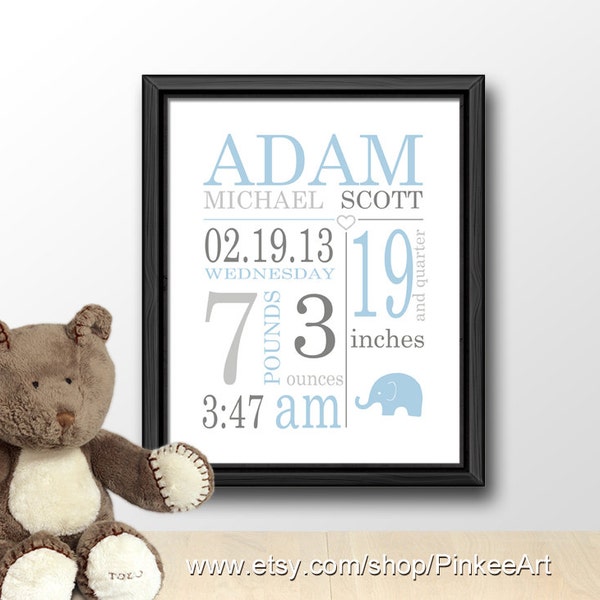birth announcement subway art, blue gray new baby boy gift, birth stats wall art, birth date print, personalized nursery decor, birth stats