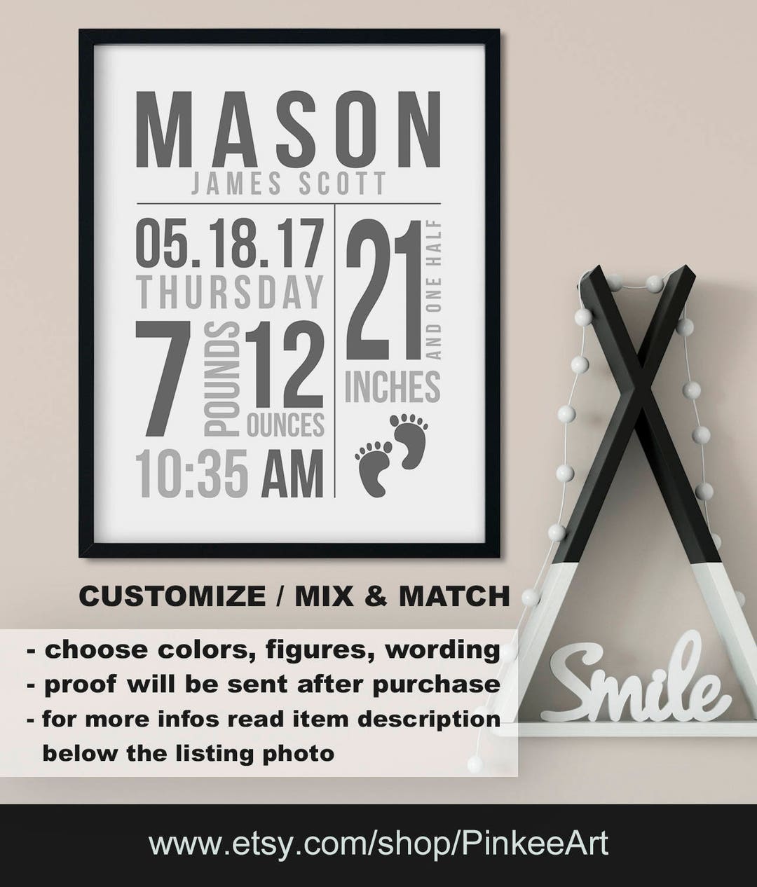 Monochrome Baby Birth Art, Monochrome Nursery Decor, Gray Birth Stats ...
