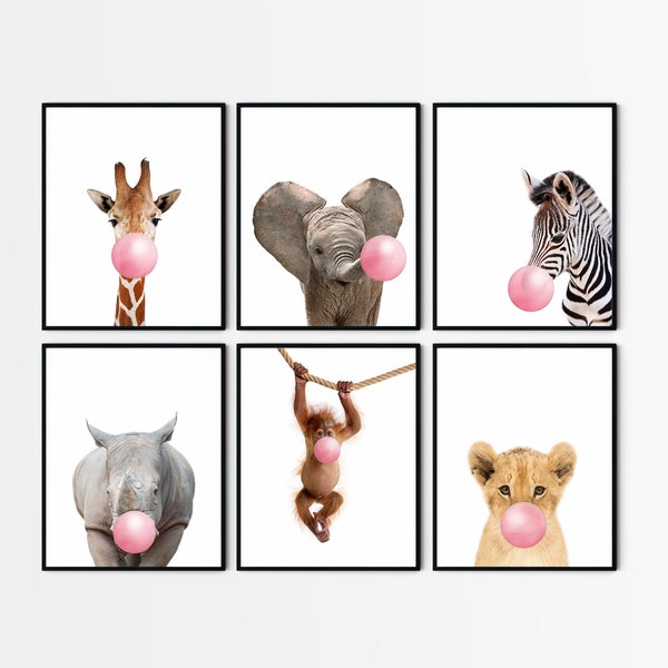 Safari Girl Nursery Decor, Baby Girl Jungle Animals, Animals Blowing Bubble Gum Art, Pink Bubble Gum Animal, Whimsical Kid Art