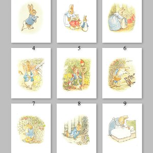 May include: Nine illustrations of Peter Rabbit from the children's book by Beatrix Potter. Each illustration features Peter Rabbit in a different scene, such as in a garden, in a house, or in a field.