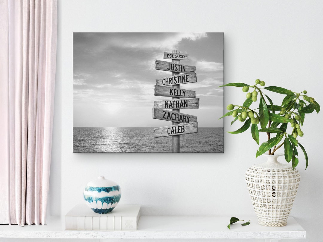 Personalized Family Name Sign Canvas Wall Art With Tropical Beach Palm Tree Sunset And Custom Street Sign For Home Decor Gift, Road Signs
