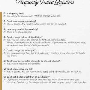 May include: Frequently Asked Questions about shipping, customization, and design options for personalized art.  The text includes information about free shipping within the US, custom wording, color and font style changes, graphic elements, personalization, and digital proofs.