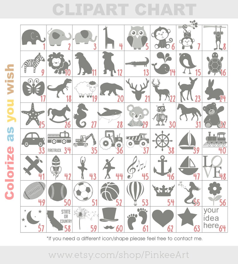 May include: A chart with 64 gray and white clipart images. The images are arranged in a grid and numbered from 1 to 64. The chart is titled "Clipart Chart". The text "Colorize as you wish" is written vertically on the left side of the chart.