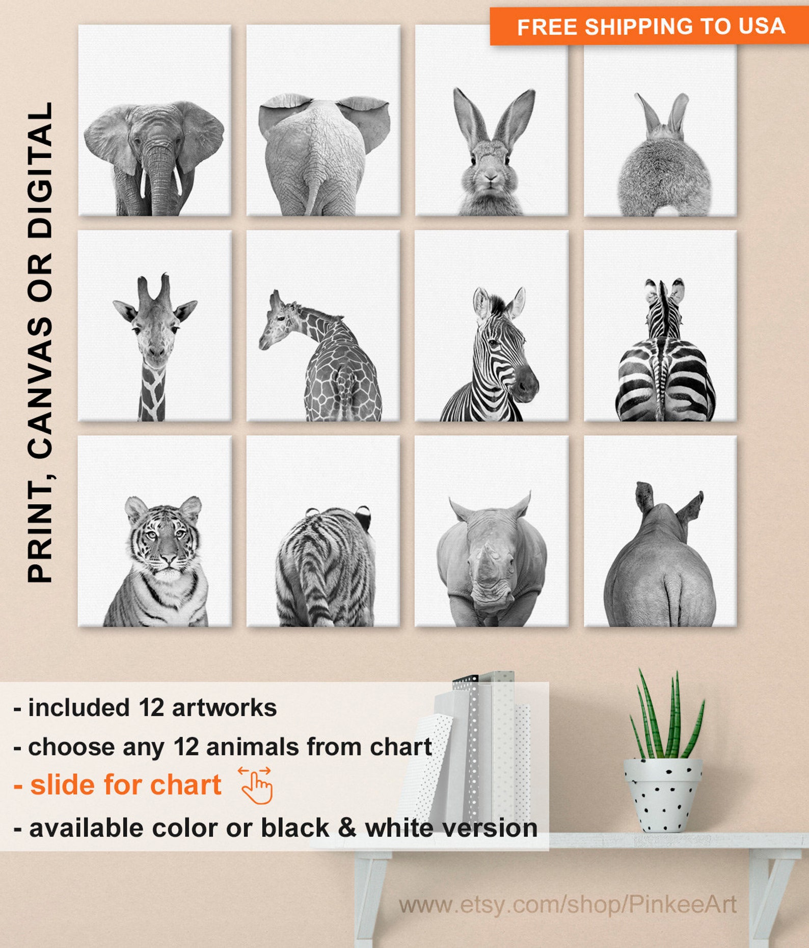 Black and white Animal Nursery Prints Animal Decor for Etsy