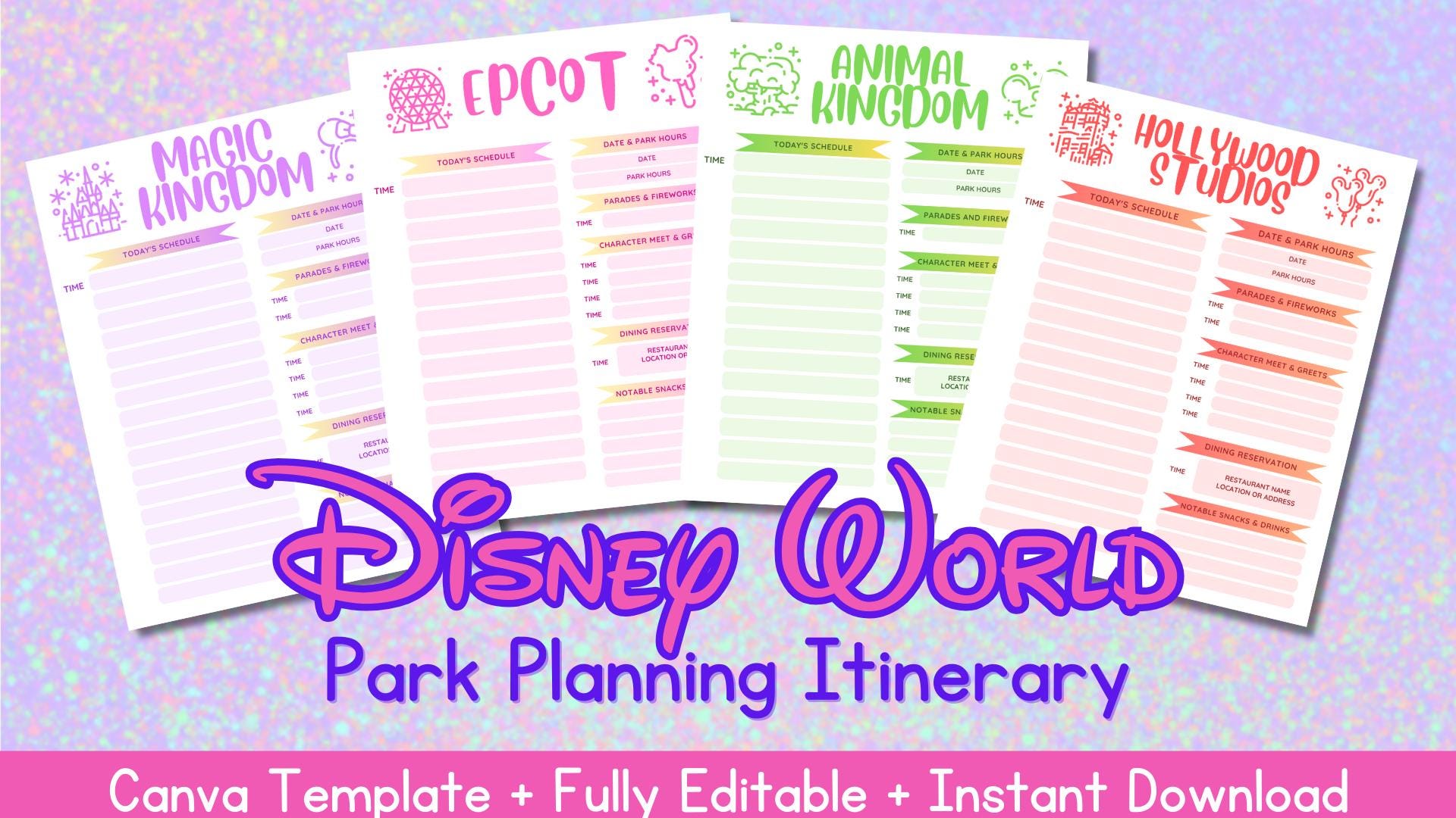 Disney World Park Planner Editable Itinerary Template (digital