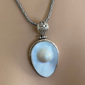 Large Mabe Blister Pearl and Sterling Silver Necklace, Stamped 925, Statement