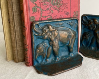 Antique Bronze Bookends, Elephants, Art Nouveau, 1920&#39;s, Signed, Door Stop, Victorian