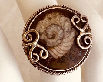 Exotic Large Fossil Ammonite Ring,  Sterling Silver, Stamped,  Boho, Cocktail Ring, Dramatic, Unisex