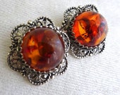 Vintage Large Amber and Silver Earrings, Filigree, Clip, Cabochon Amber, Statement, Chunky