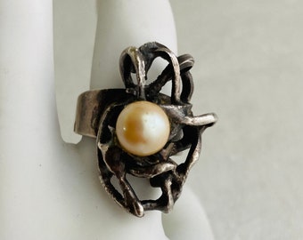 Brutalist Pearl and Sterling Silver Ring, Ernst Fries, Modernist, Statement, Signed, Hallmarked