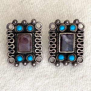 Mexican Amethst and Turquoise Sterling Silver MATL Style Earrings, Hallmarked