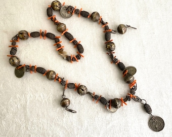 Vintage Guatemalan Indigenous Chachal, Silver Coin and Coral Bead Necklace, Handmade