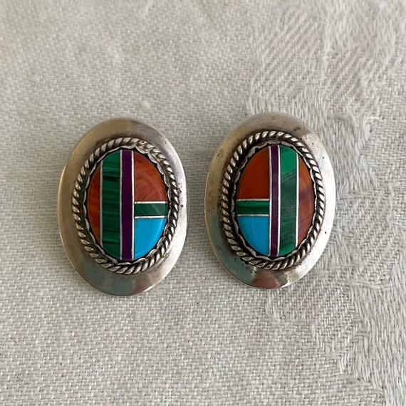 Vintage Native American Inlaid Earrings, Navajo, … - image 1
