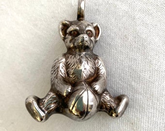 Antique Silver Teddy Bear Rattle, Pendant