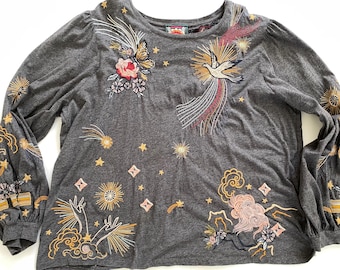 Johnny Was Selah Embroidered Long Sleeve Tee Shirt, Size XL