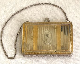 Monedero/bolso de baile Art Déco vintage de plata con espejo y caja de almacenamiento.