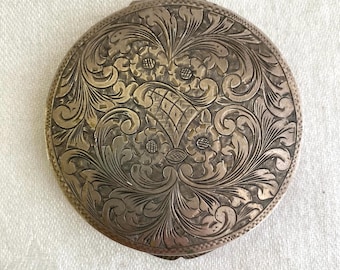 Vintage Engraved Silver Compact with Mirror, Floral Pattern, Victorian