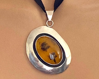 Modernist Extra Large Amber and Sterling Silver Pendant, Statement, Chunky