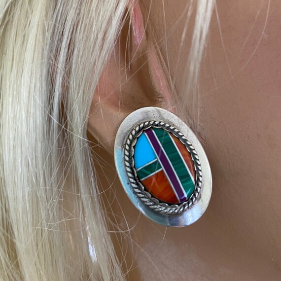 Vintage Native American Inlaid Earrings, Navajo, … - image 2
