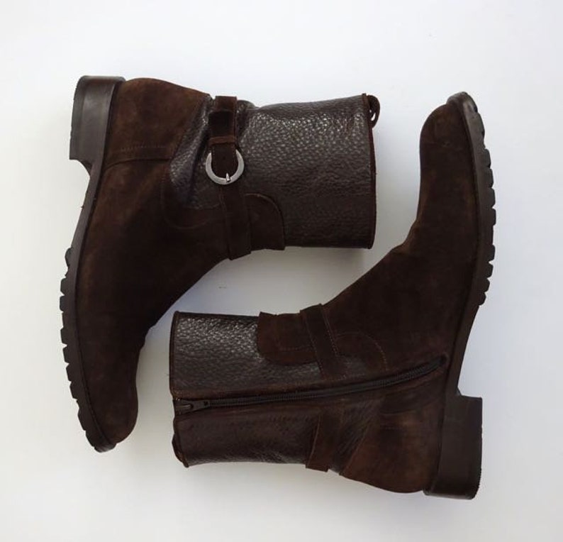 Brown Pebble Leather Zippers Buckles Vintage Fieramosca Moto Boots Suede Made in Italy