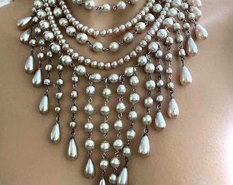 Vintage Mid Century Faux Pearl, Multi Strand Bib Necklace, Adjustable, Festoon