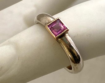 Modernist Pink Topaz 18K gold and Sterling Silver Ring, Size 5.5-5.75, Hallmarked