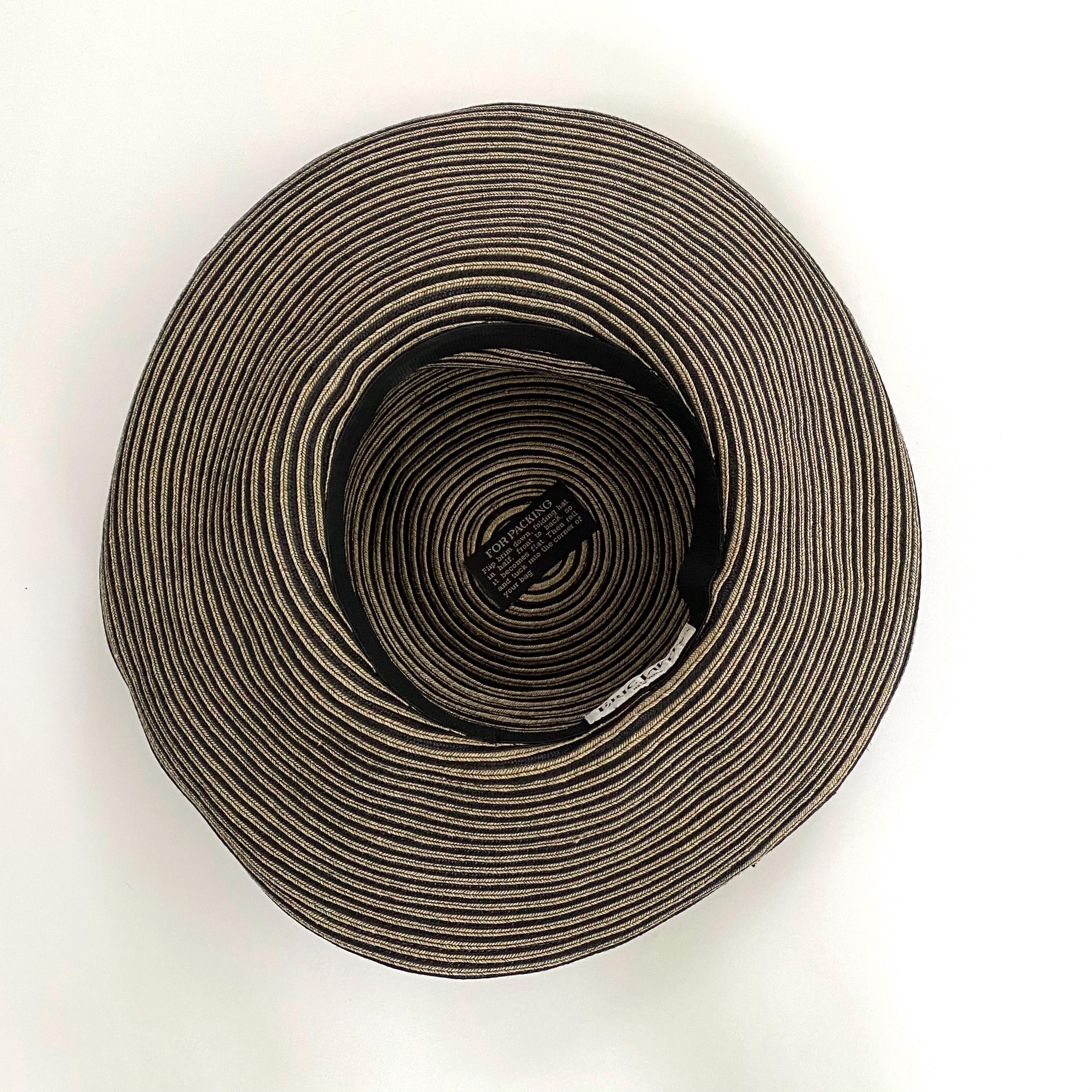Eric Javits Tan and Black Stripe Wide Brim Hat, Packable 