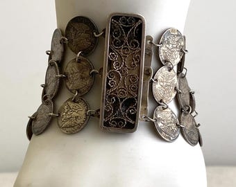 Antique Silver Coin Bracelet, Mexican Centavos, 1800's, Silver Coins, Wide Triple Strand