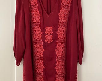 Tunique vintage à œillets brodée bordeaux Johnny Was, taille XL
