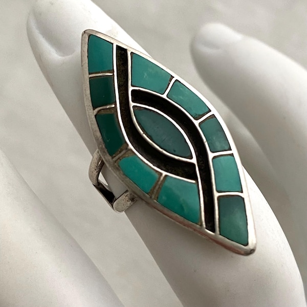 Zuni Inlay Turquoise and Sterling Silver Ring, Signed HL, Size 5.75