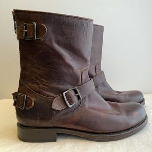 Vintage Frye Brown Leather Motorcycle Boots, Harness , Buckles, Women’s US Size 9, Size 40